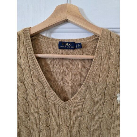 Polo ralph lauren Cable-Knit Wool-Cashmere V-Neck Sweater L  Camel Melange $198 - Picture 3 of 9